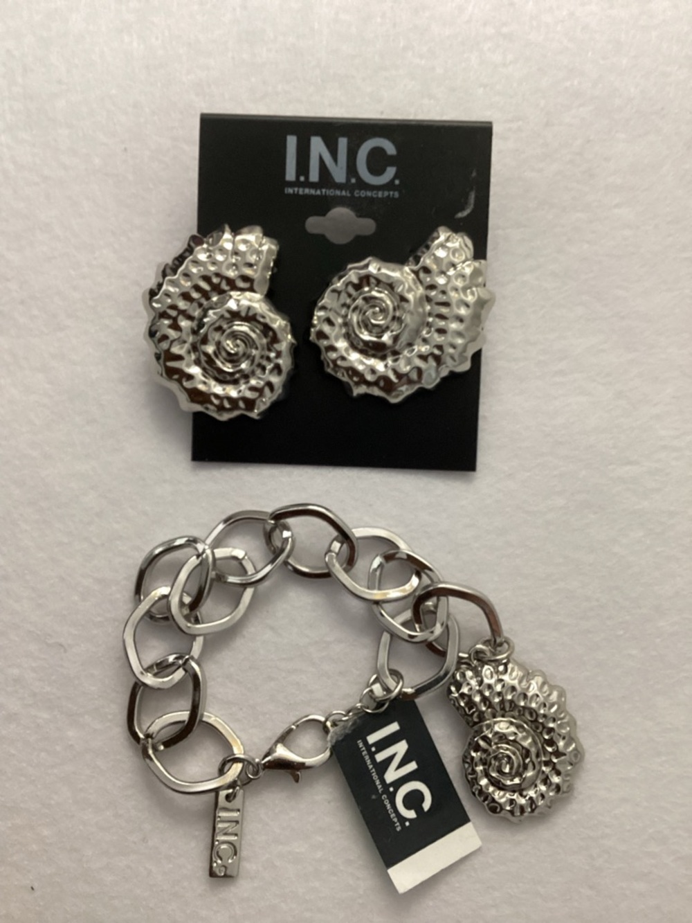 INC International Concepts Silver Spiral Charm Bracelet and Clip-On Earrings